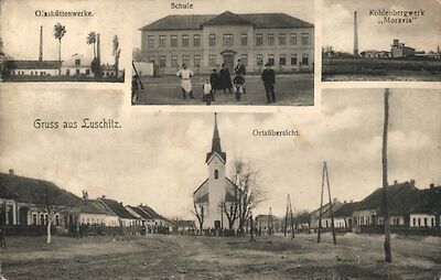AK-Luschitz-Kohlenbergwerk-Moravia-Schule-Glashuettenwerke-Ortsuebersicht.jpg